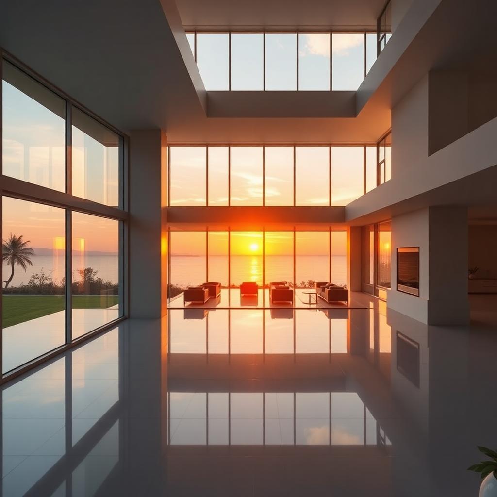 modern villa interior at sunset